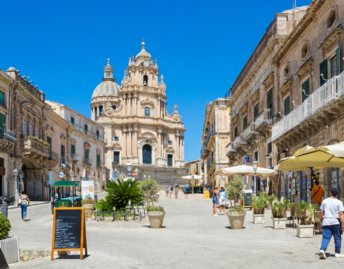 La scenografica Piazza Duomo di Ragusa Ibla, con la scalinata che conduce al Duomo di San Giorgio, usata come piazza principale di Vigàta.